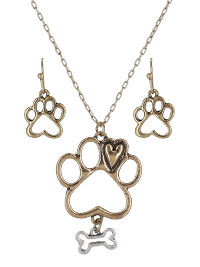 Paw & Bone Necklace Set with Earrings